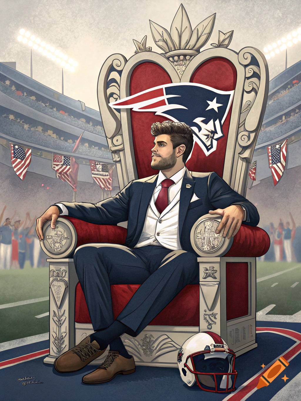 Illustration of a man in a suit and vest sitting on a throne with a New England Patriots logo, on a football field with fans.