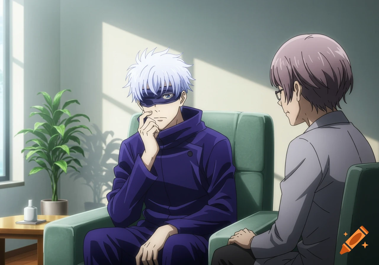 Two anime characters, one with white hair and a mask, sit in chairs talking in a room.