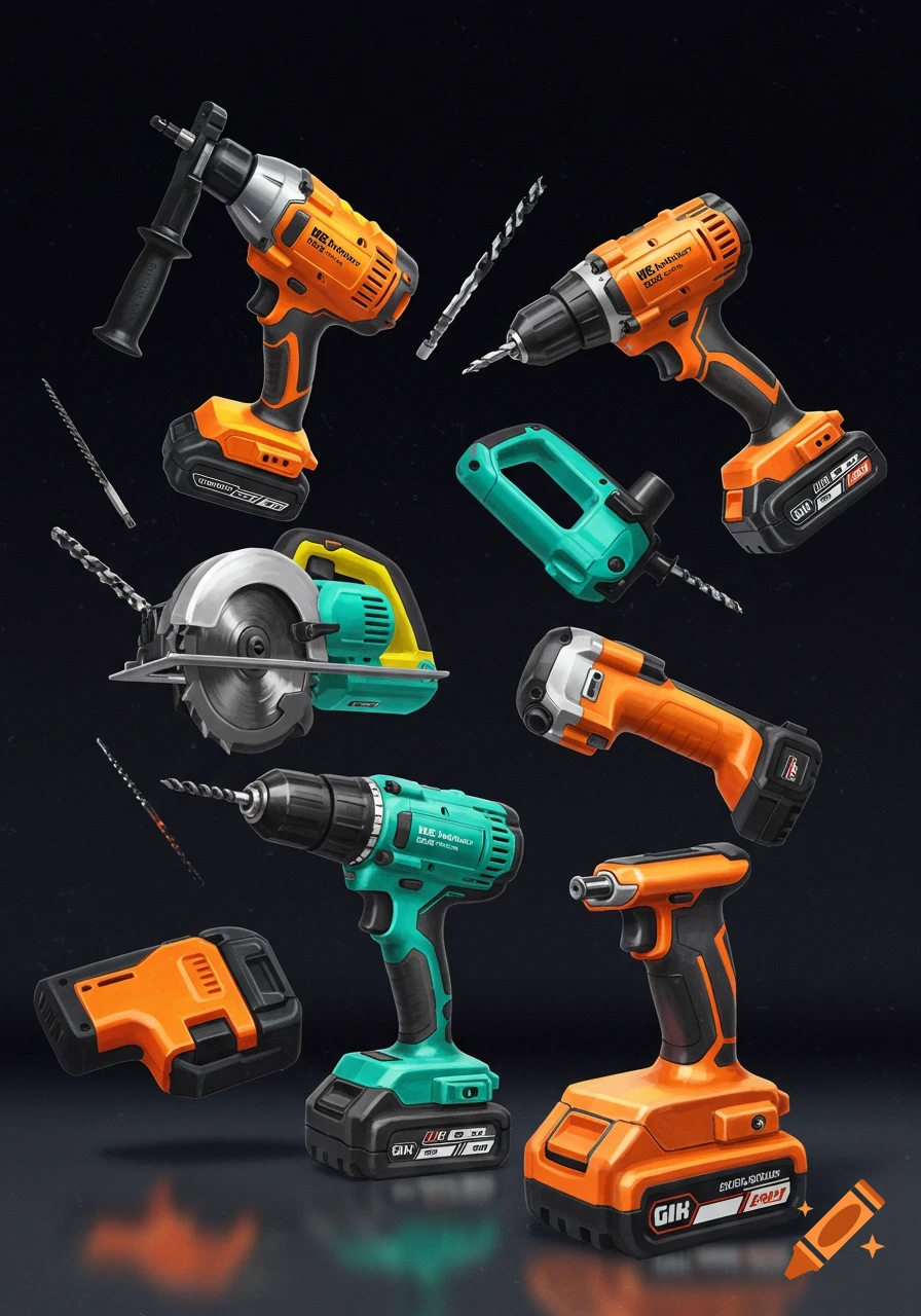 A collection of illustrated cordless power tools including drills, a circular saw, and batteries on a dark background.