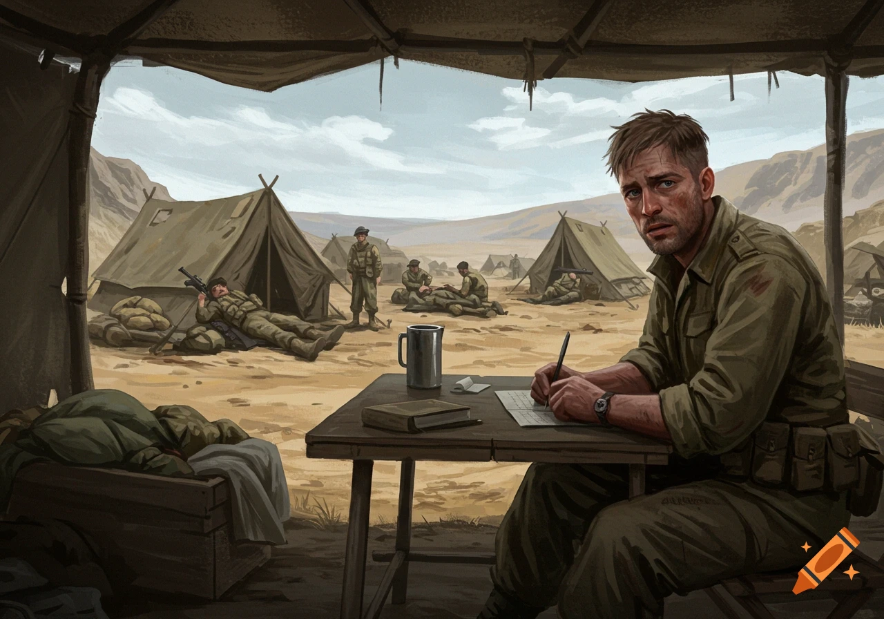 Illustration of a soldier writing in a desert military camp with others resting nearby.