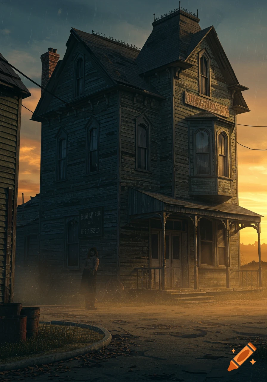 A rundown house with signs stands on a street in the rain at sunset, with a person nearby.
