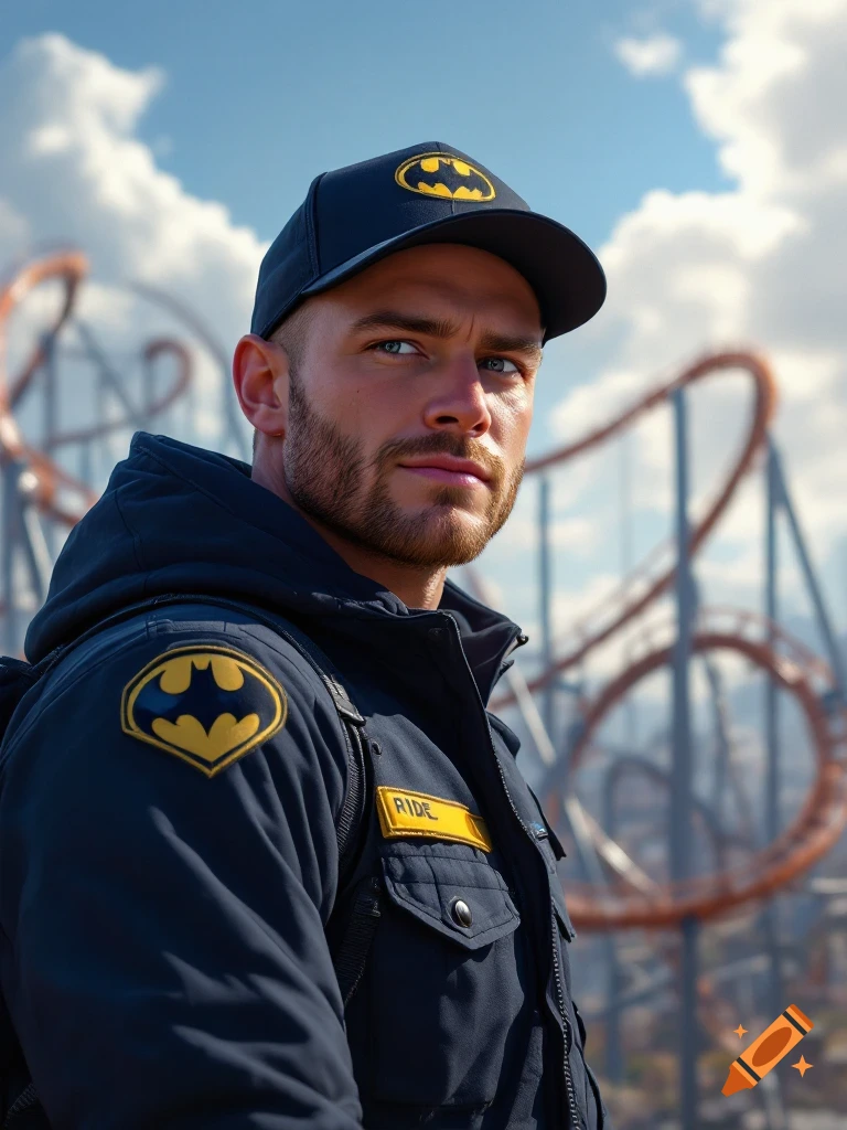 Man in uniform jacket and Batman hat stands near a roller coaster.