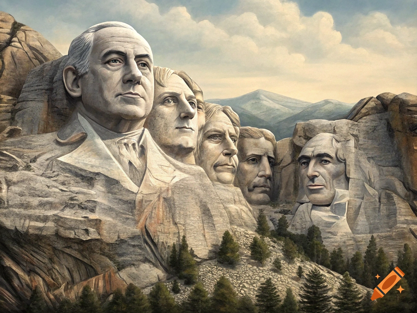 Illustration of a mountainside carving resembling Mount Rushmore with five faces, under a cloudy sky.