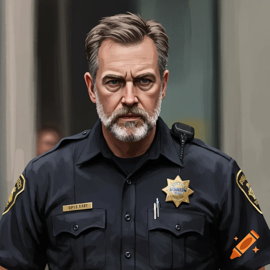 Digital painting of a stern police officer with grey hair and stubble, wearing a dark uniform.