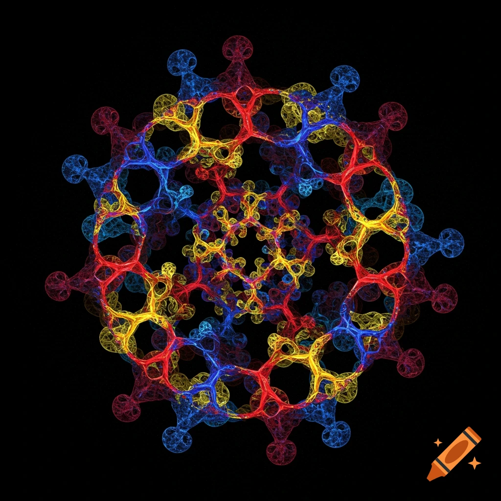 Abstract fractal pattern in red, yellow, and blue on a black background.