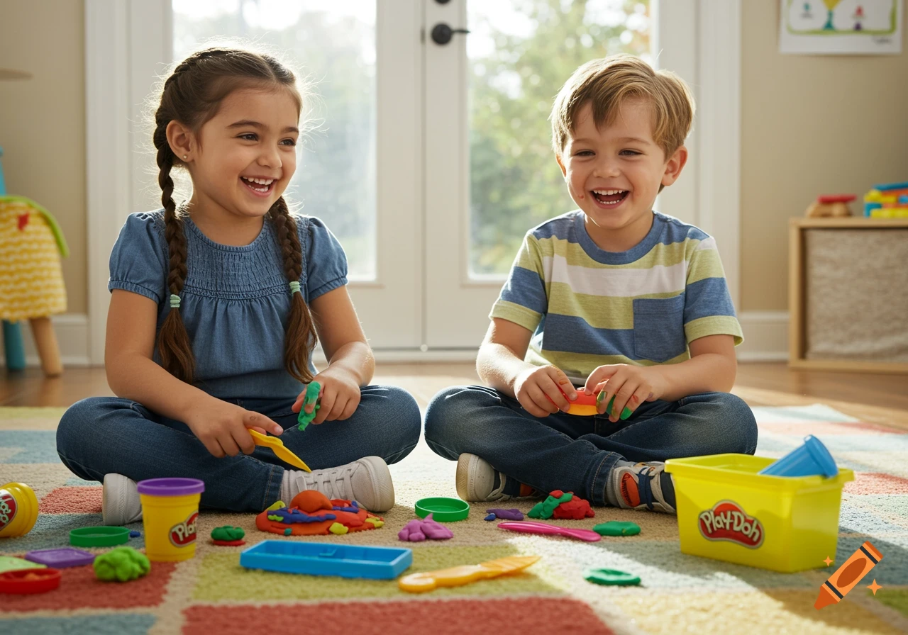 Two happy kids sit on a rug playing with Play-Doh.