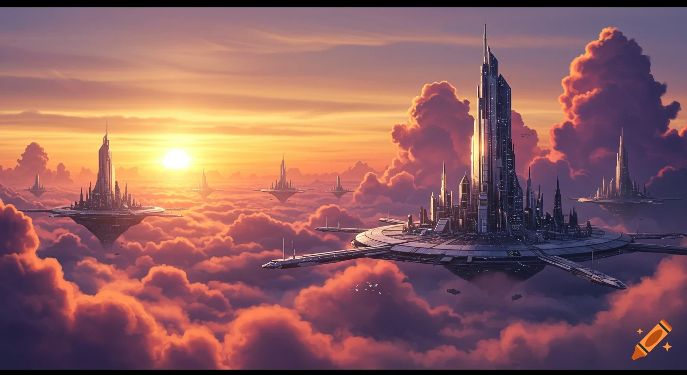 Futuristic cities floating on platforms above clouds at sunset.