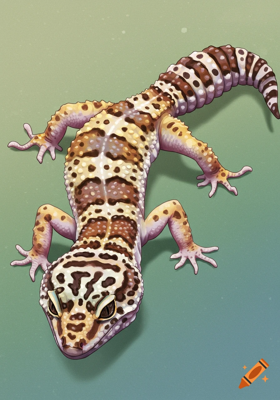 Illustration of a leopard gecko from above on a green background