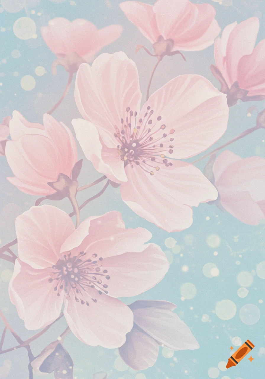Pastel pink flowers on a blue background with bokeh lights, painted style.