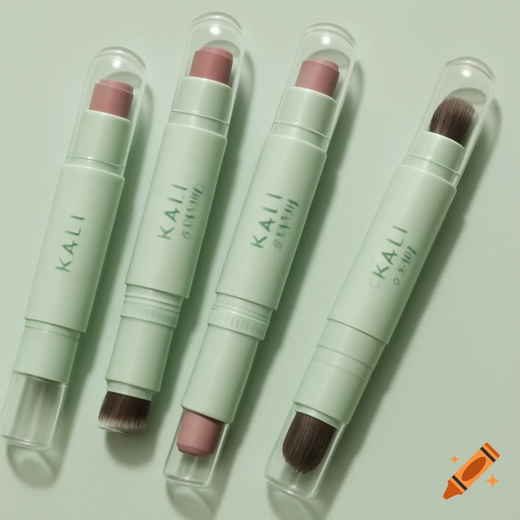 Four light green makeup multi-sticks with clear caps, pink makeup on one end, and a brush on the other.