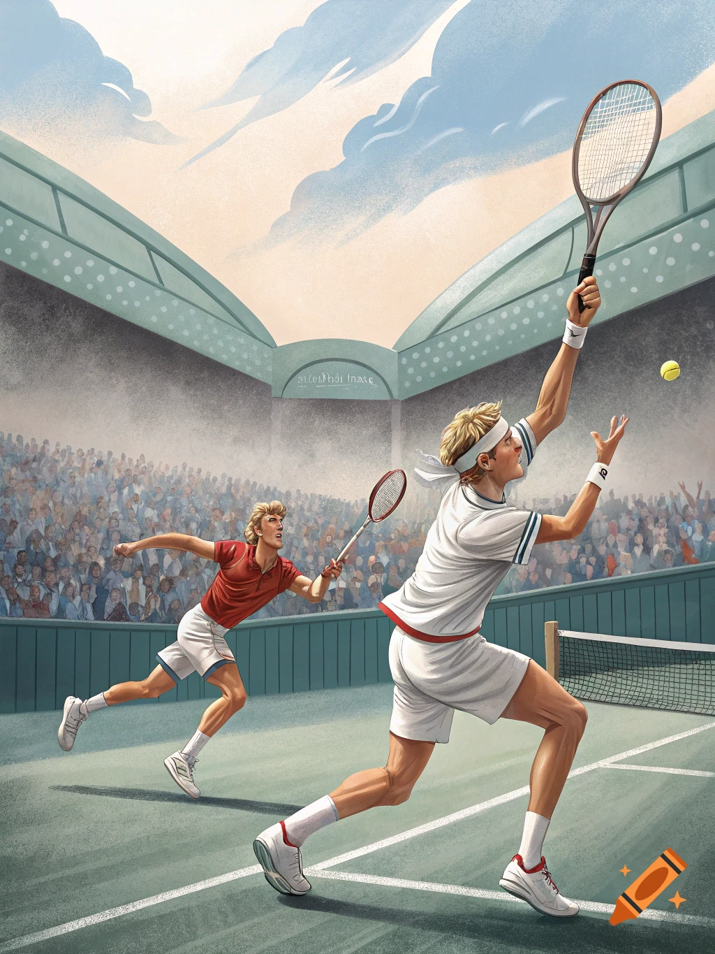 Two tennis players in an illustration of a match in a stadium.