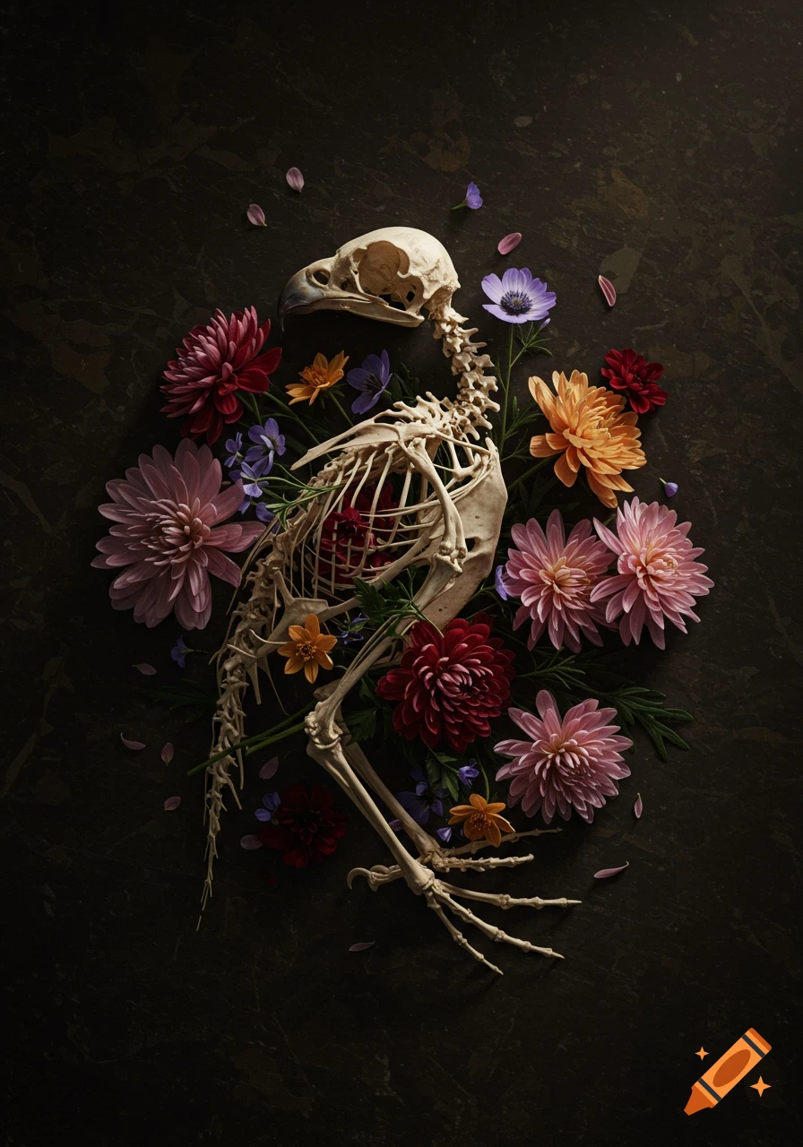 A hyper realistic hawk skeleton lies amongst colorful flowers on a dark surface.