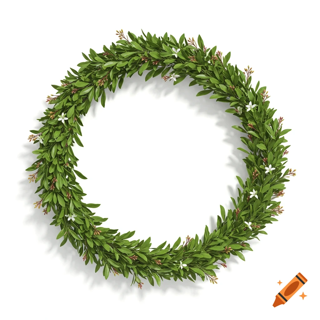 A round green foliage wreath with small white flowers and buds on a white background.