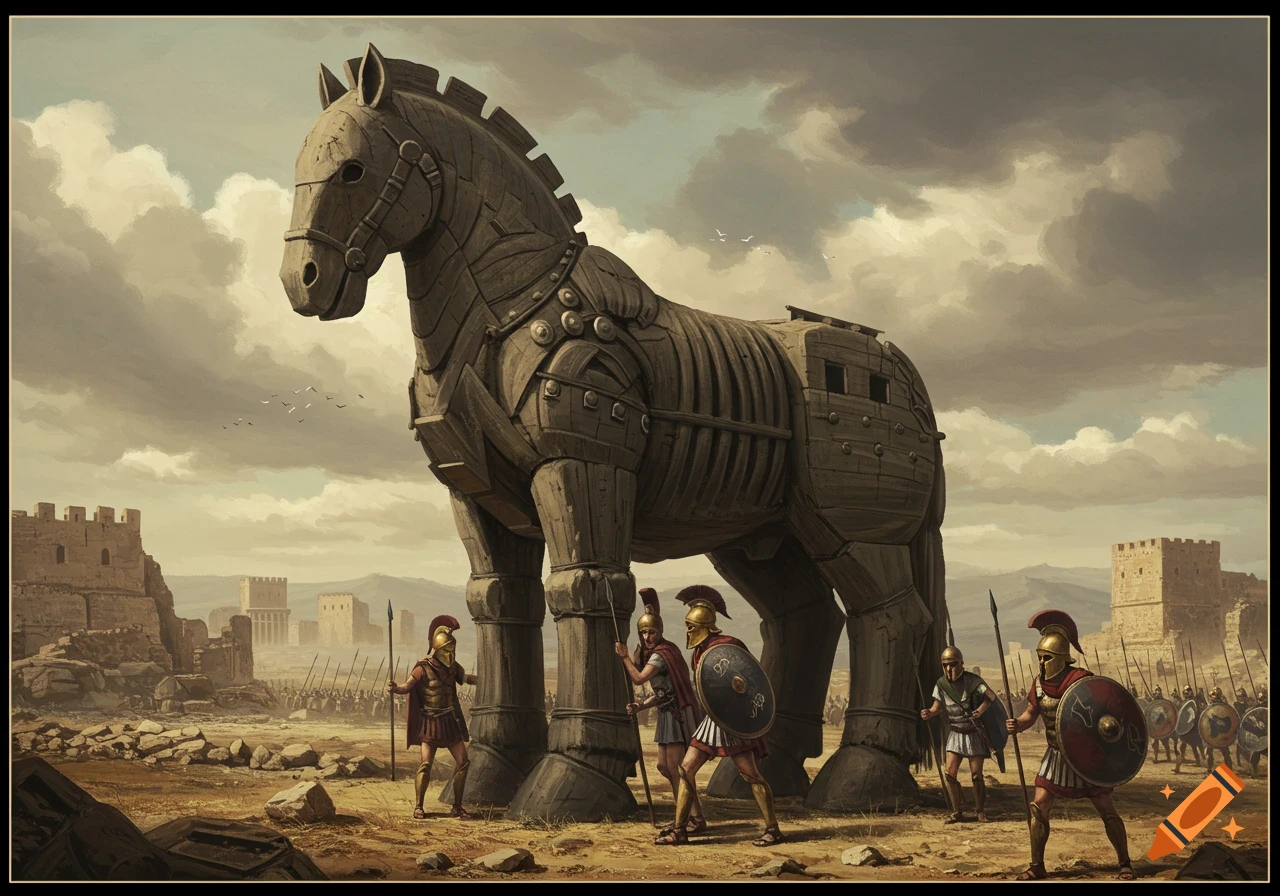 A large wooden Trojan horse stands on a battlefield with soldiers in ancient armor and a walled city in the background. Painterly style.