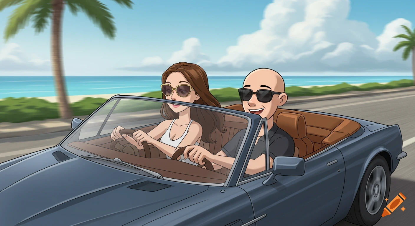 Cartoon illustration of a man and woman driving a convertible along a beach road.
