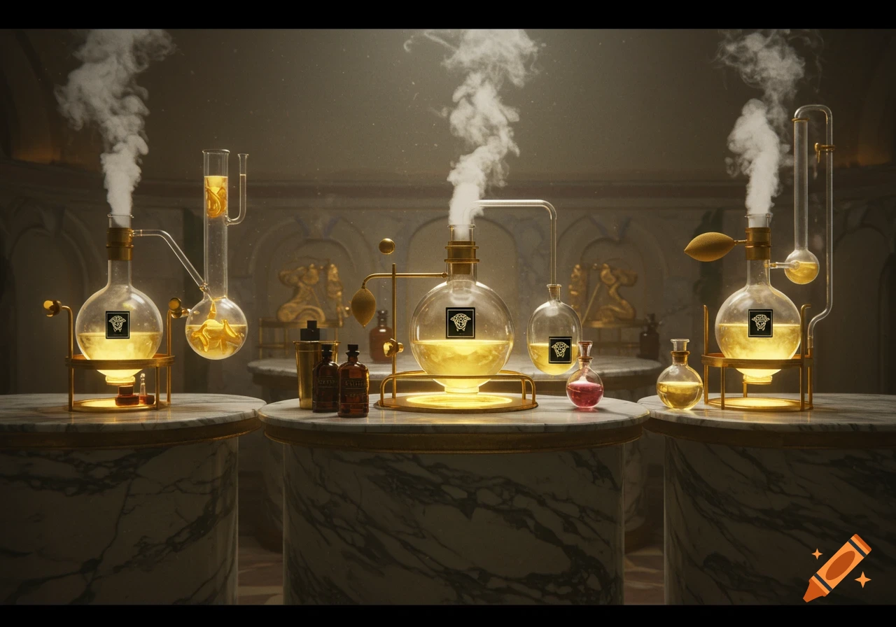 Elegant laboratory scene with glowing alchemical flasks, gold accents, steam, and marble counters, inspired by ancient Greek bath.