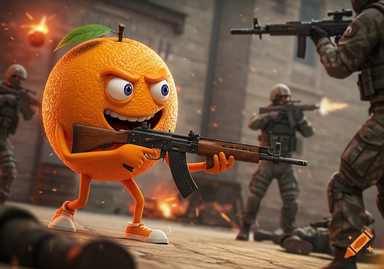Cartoon orange character holds a rifle in a combat scene with soldiers.
