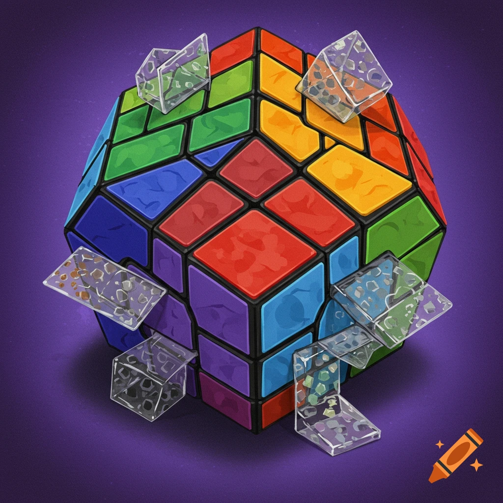 Colorful Rubik's-style octahedron puzzle with floating transparent cubes on purple background, digital art.