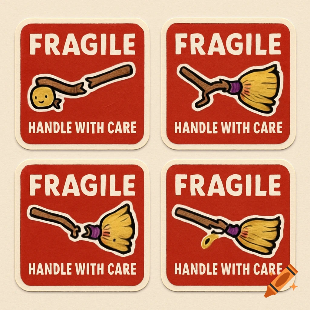 Four red fragile stickers with broken broom illustrations and text 'FRAGILE' and 'HANDLE WITH CARE'.