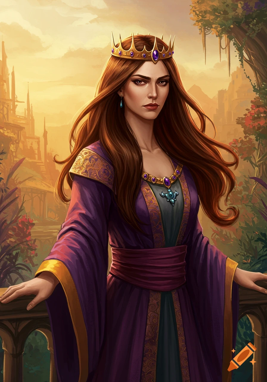 Fantasy portrait of a brown-haired queen wearing a crown and purple dress on a balcony at sunset.