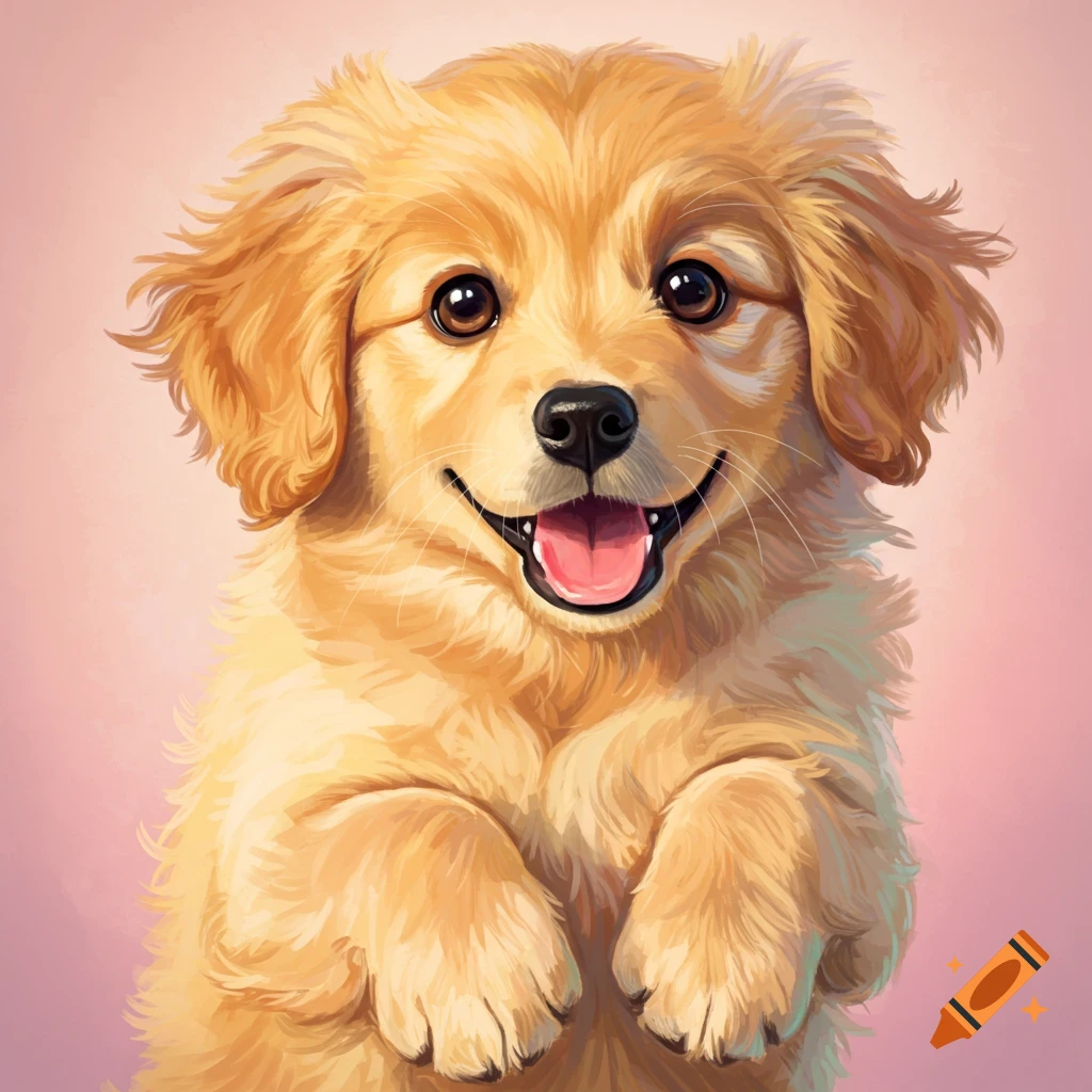 A golden retriever puppy stands with paws raised, smiling in a digital painting style.