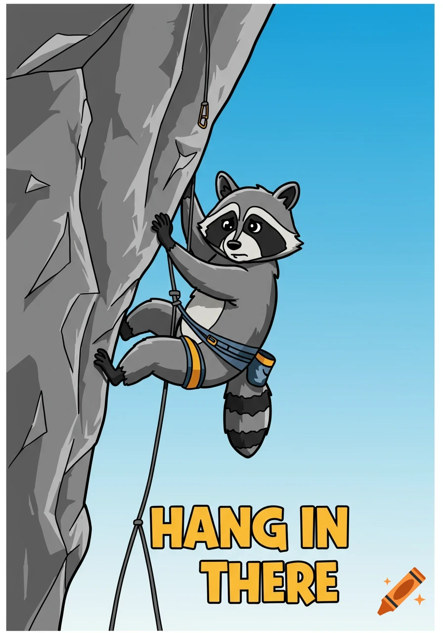 Cartoon raccoon rock climbing on a cliff with the text 'HANG IN THERE'.