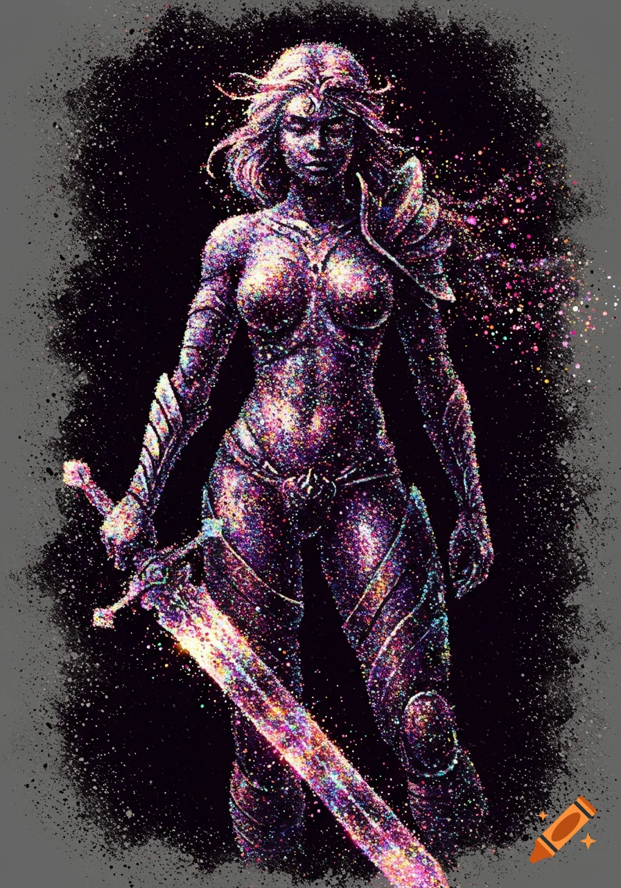 Female fantasy warrior made of colorful particles holds a sparkling sword.