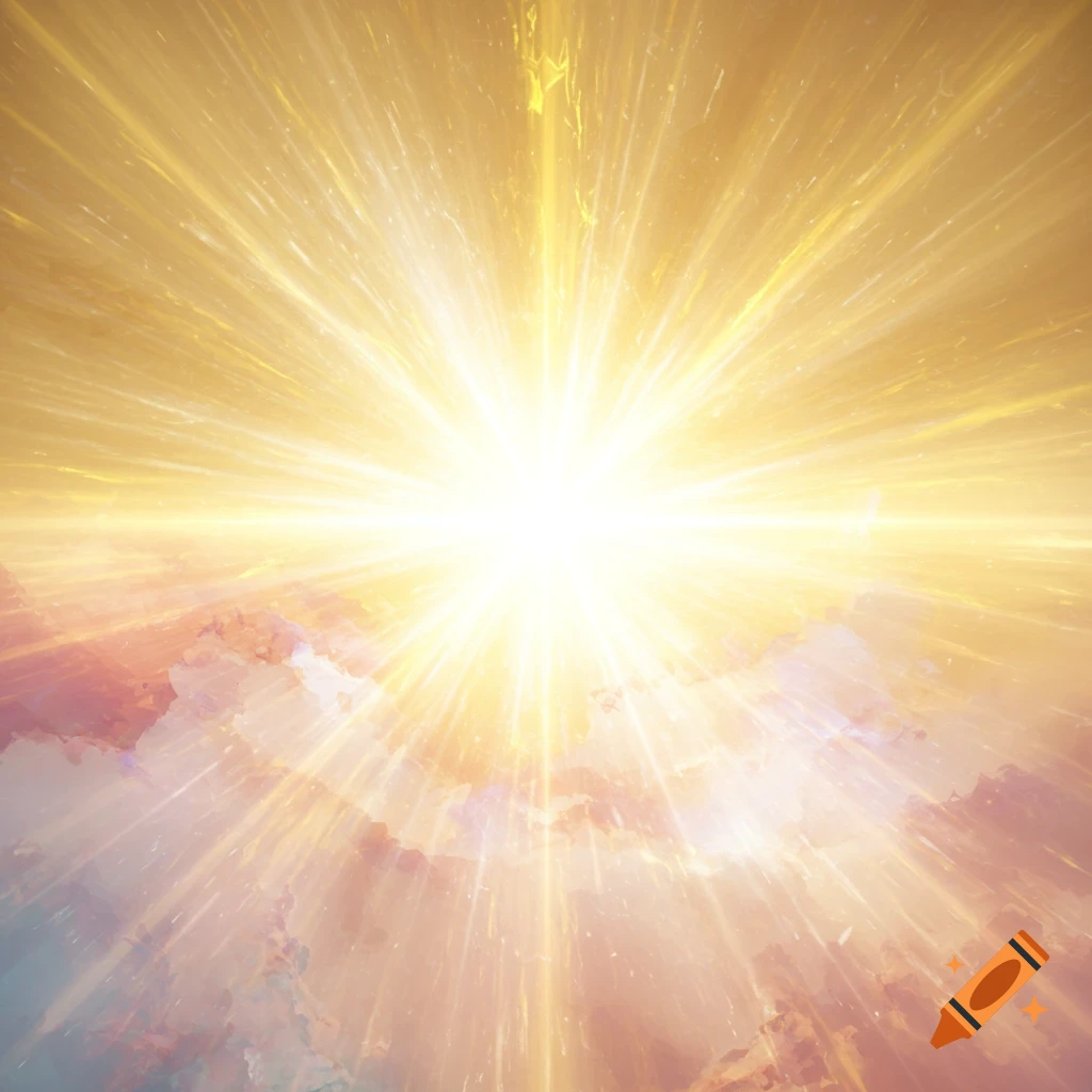 Intense white light radiating golden beams amidst soft pastel clouds.