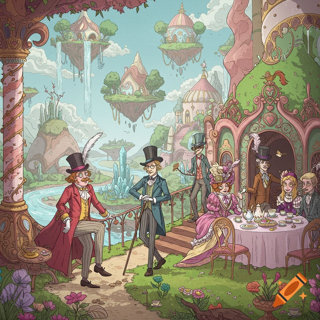 People in fancy Victorian-era clothes have tea in a whimsical fantasy landscape with floating islands and crystals.