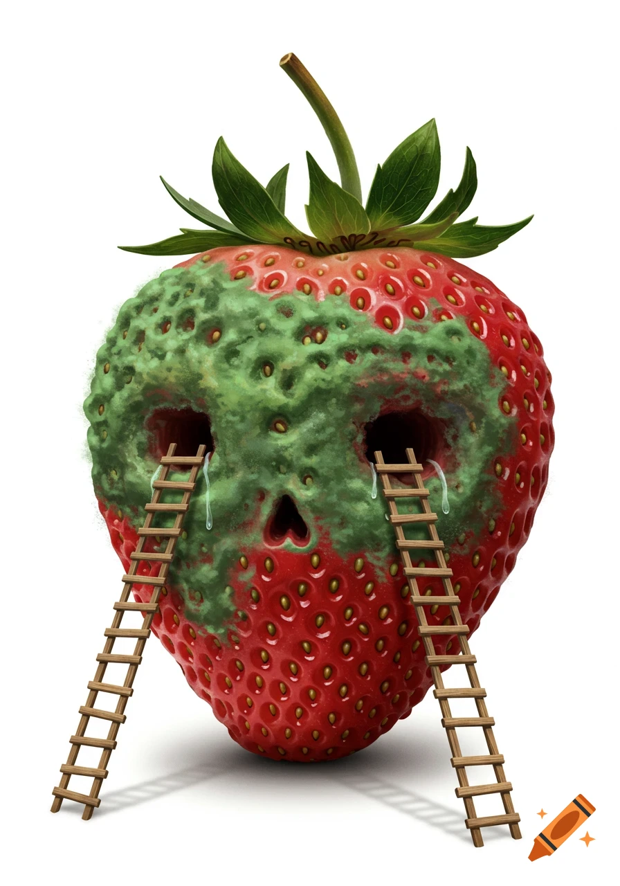 Illustration of a strawberry skull with ladders coming out of the eye sockets like tears.
