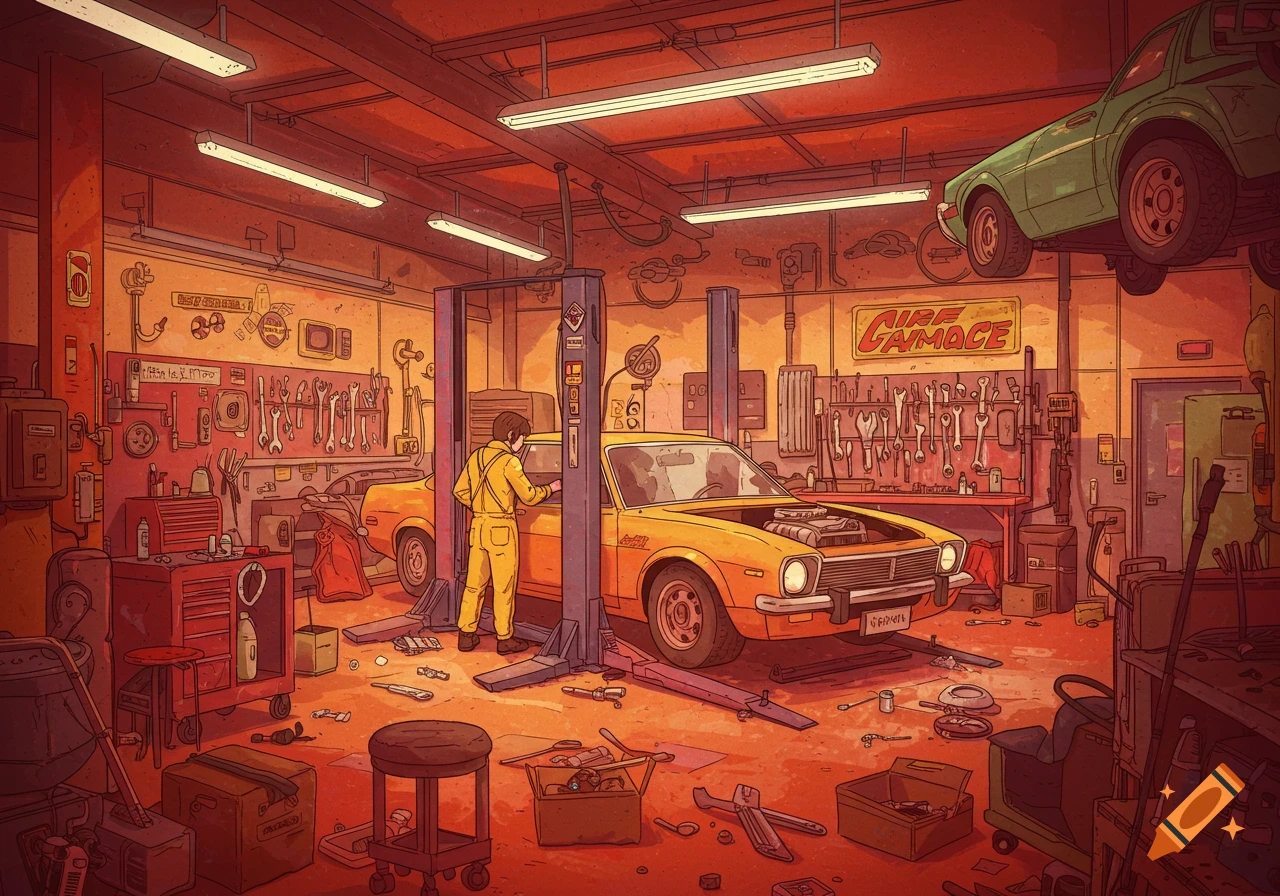 An illustration of a busy car repair garage with a mechanic working on a yellow car, tools on the wall, and another car on a lift.