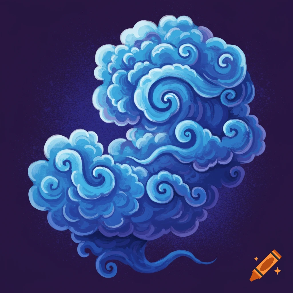 Stylized blue clouds with scrollwork patterns on a dark purple background.