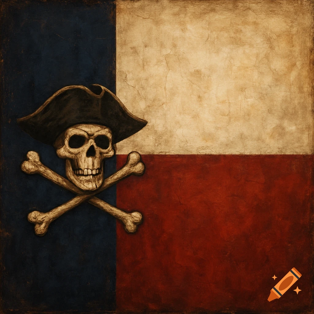 Stylized pirate skull and crossbones on a Texas flag background.