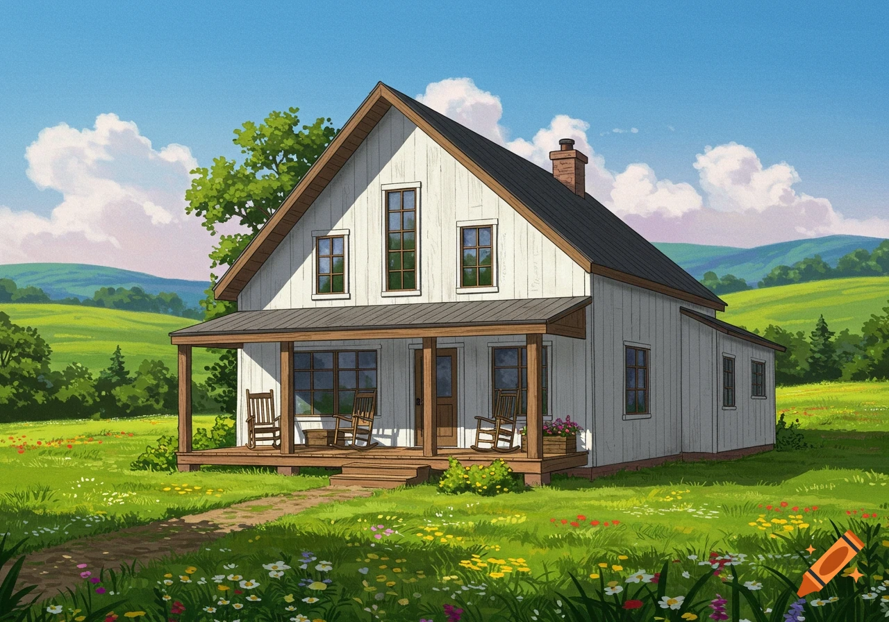 An illustrated modern country cottage with a porch and rocking chairs sits in a grassy field with wildflowers.