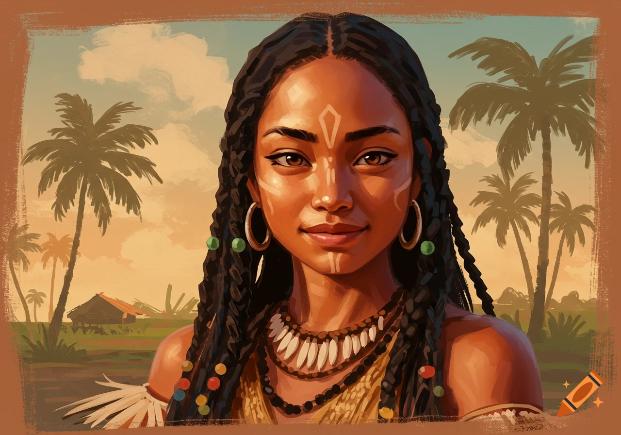 Illustration of a woman with face paint, braids, and tribal jewelry against a tropical background with palm trees.