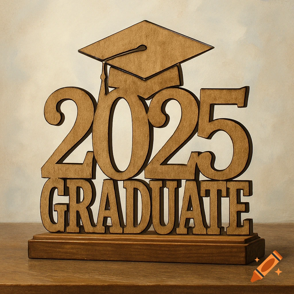 Wooden graduation decoration with 2025 and GRADUATE text, topped with a cap.