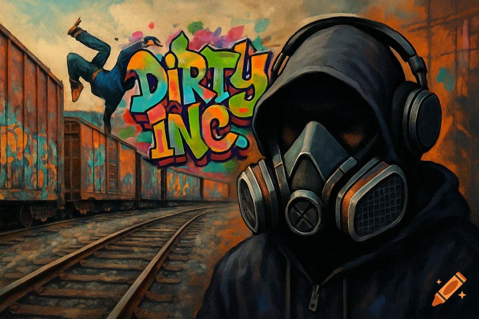 Urban art of person in gas mask with headphones, graffiti 'Dirty Inc', break dancer on train in rail yard.