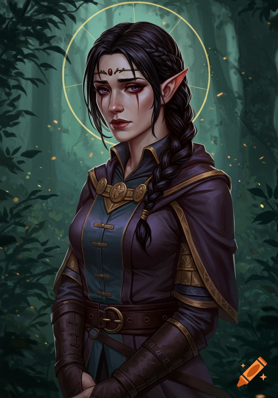 Portrait of an elven woman with braided hair, pointy ears, and purple ...