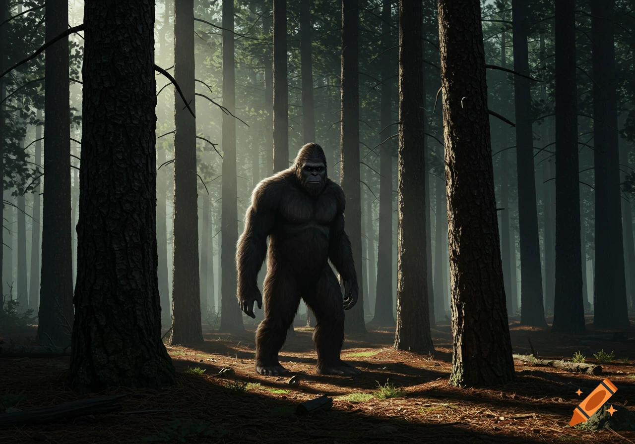 A large Sasquatch stands in a pine forest with light filtering through the trees.