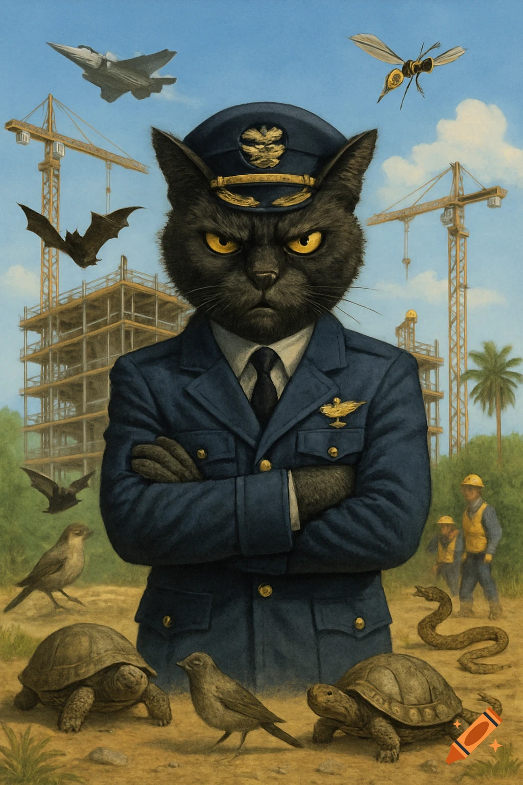 A serious black cat wearing an aviator uniform stands with crossed arms in a construction site with cranes, animals, and a jet.