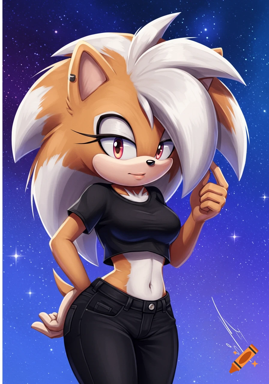 A tan and white hedgehog character in a crop top and jeans stands against a starfield background.