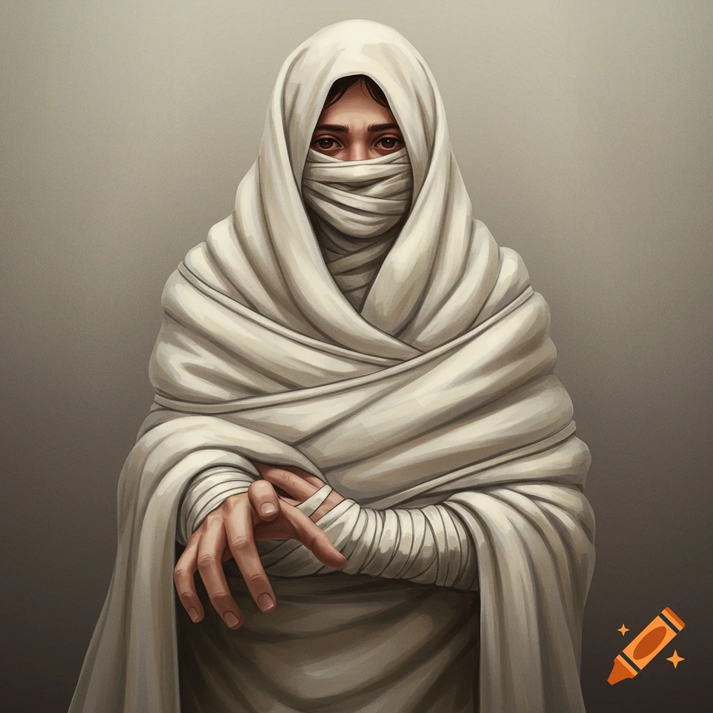 An illustrative portrait of a person wrapped tightly in white cloth, only their eyes visible.