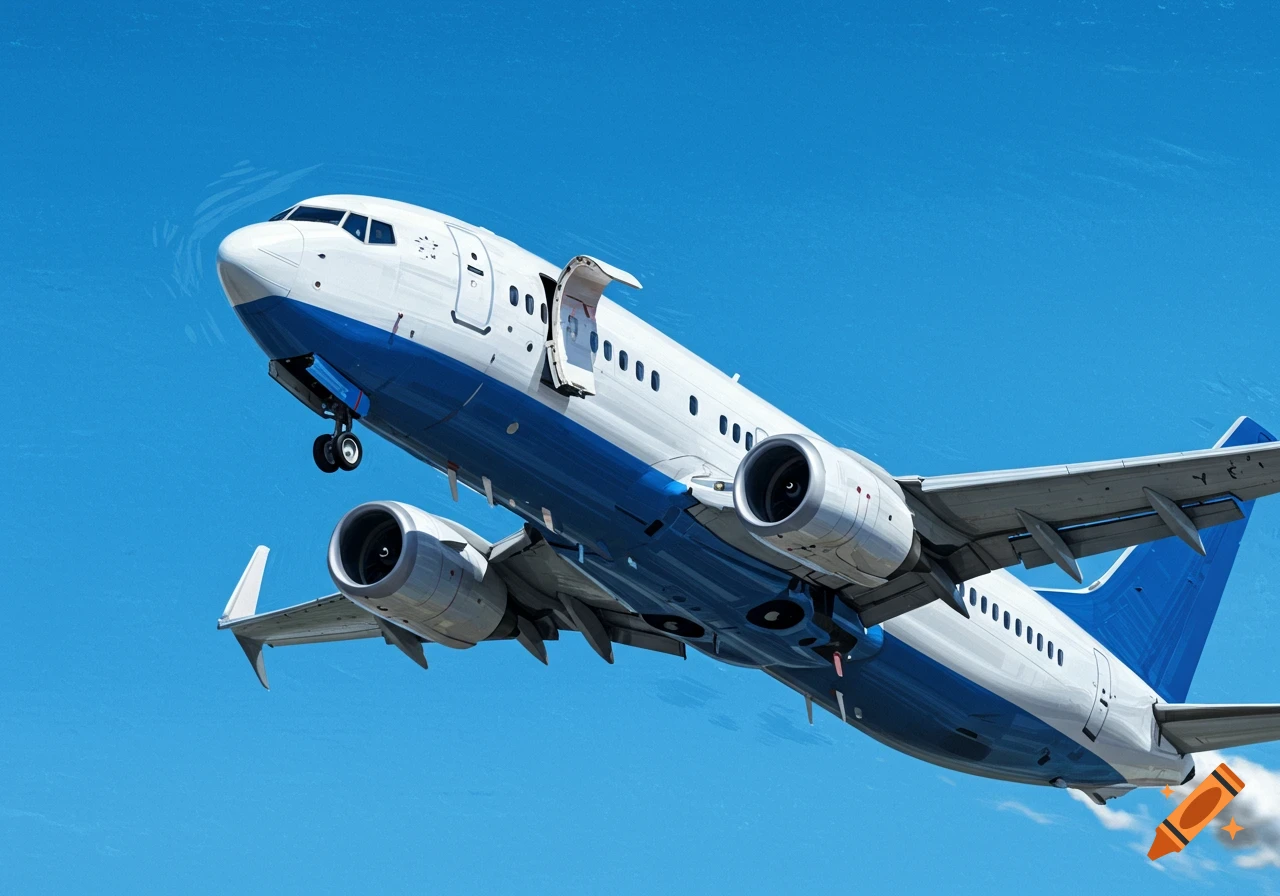 A Boeing plane takes off with a passenger door open against a blue sky.