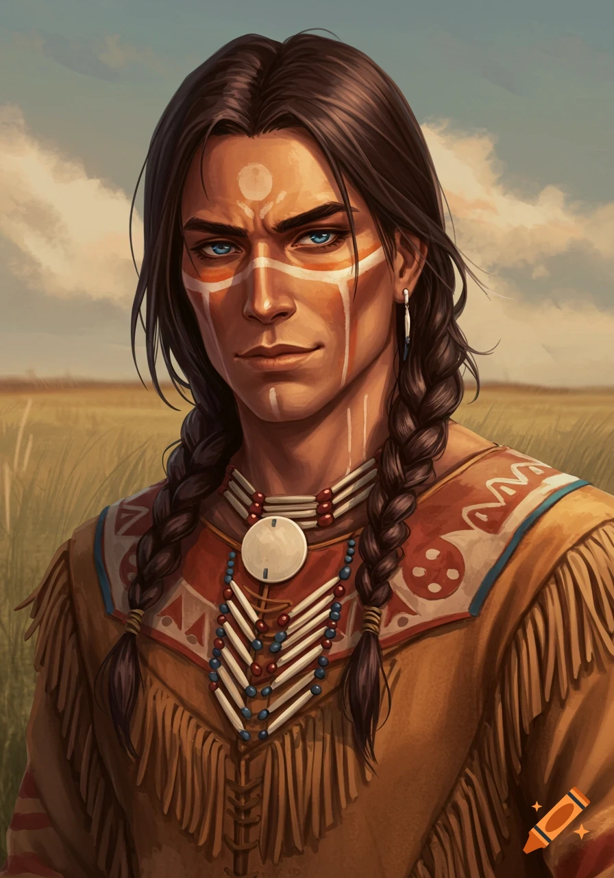 A handsome Native American man with blue eyes, face paint, and braids, wearing traditional clothing in a field.