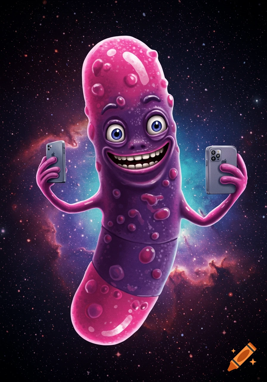 Cartoon purple microbe holds two phones in space.