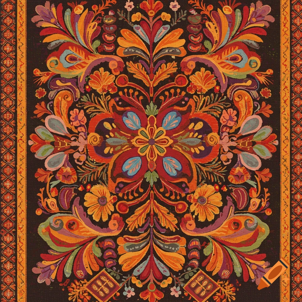 Colorful symmetrical folk art embroidery pattern with floral and bird designs.
