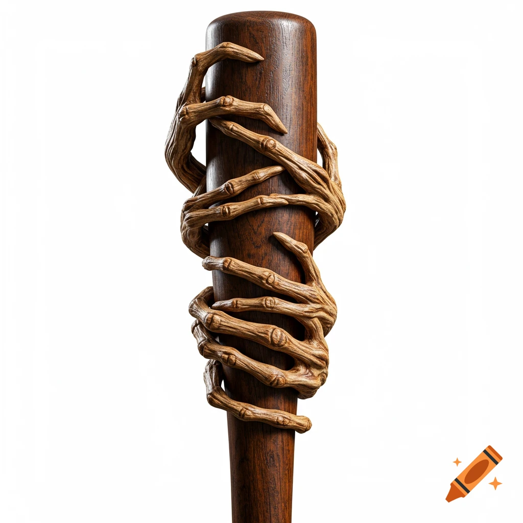Skeletal hands wrapped around a wooden baseball bat.