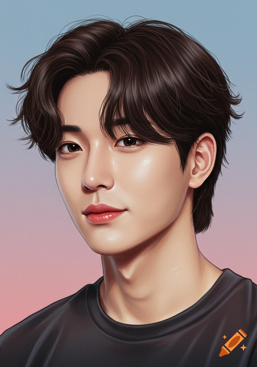 Manhwa style portrait of a young man with dark hair and black shirt against a gradient background.