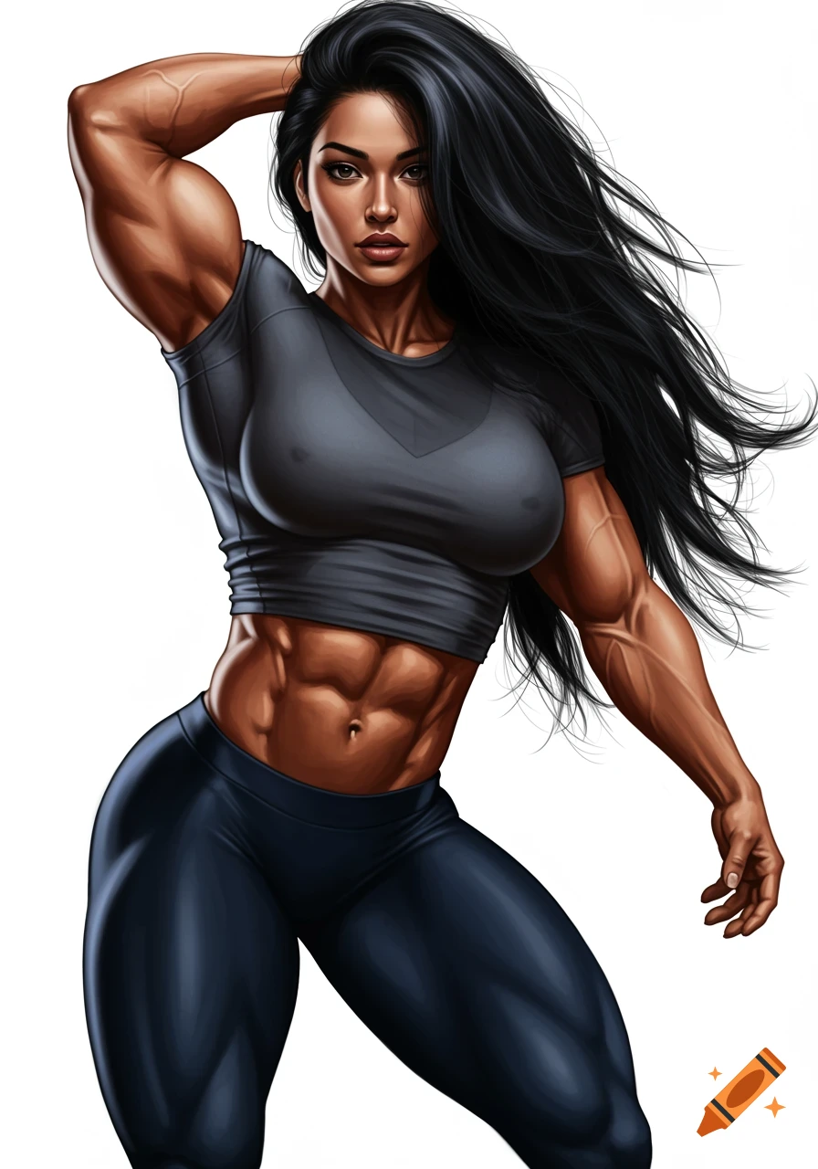 An illustration of a muscular woman with long dark hair posing.