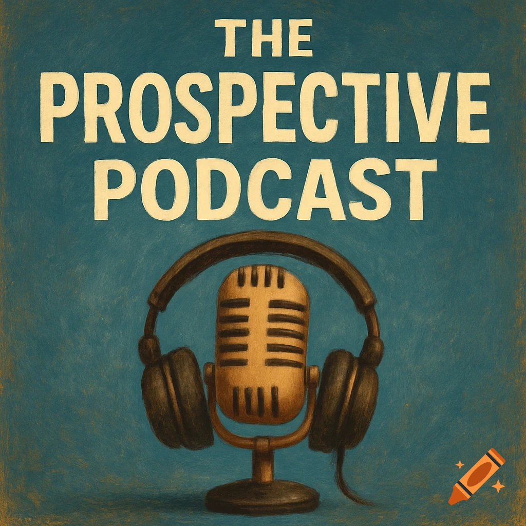 Podcast cover art with "THE PROSPECTIVE PODCAST" text above a vintage microphone and headphones on a blue background.